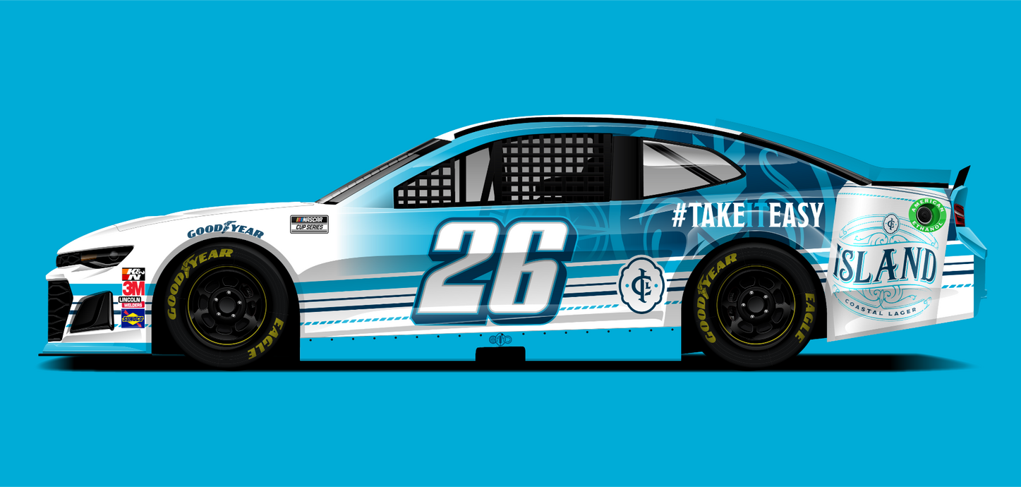 A NASCAR race car decorated in a blue paint scheme